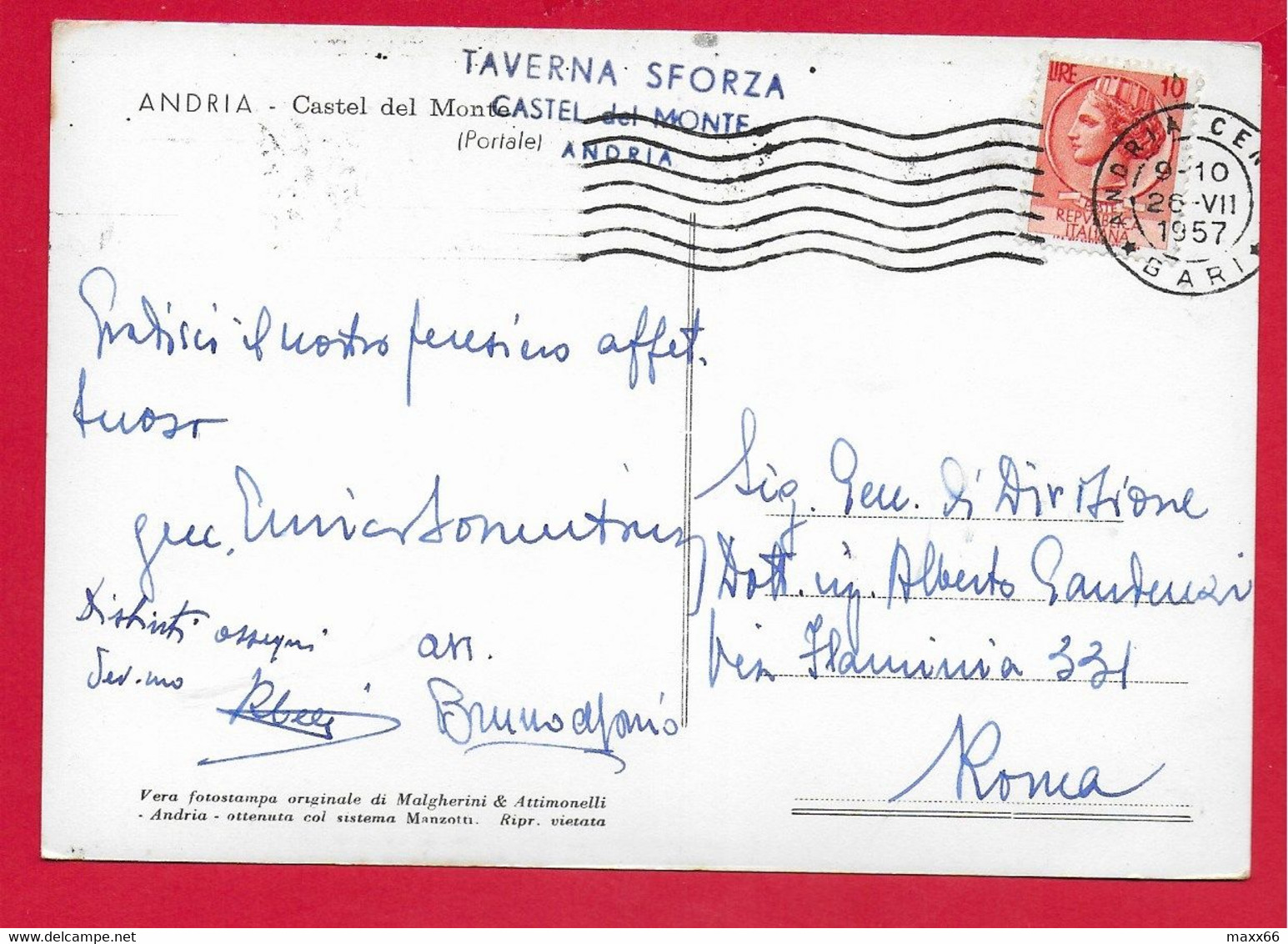 CARTOLINA VG ITALIA - ANDRIA - Castel Del Monte - Portale - 10 X 15 - 1957 - Andria