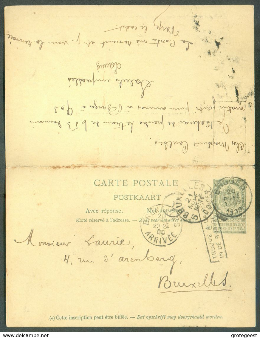 E.P. Carte Double (voyagée Dans Les 2 Sens) De BRUGES 20.11/1900 Vers Bruxelles + Griffe TROUVE A LA BOITE - Retour Sc B - Cartoline 1871-1909