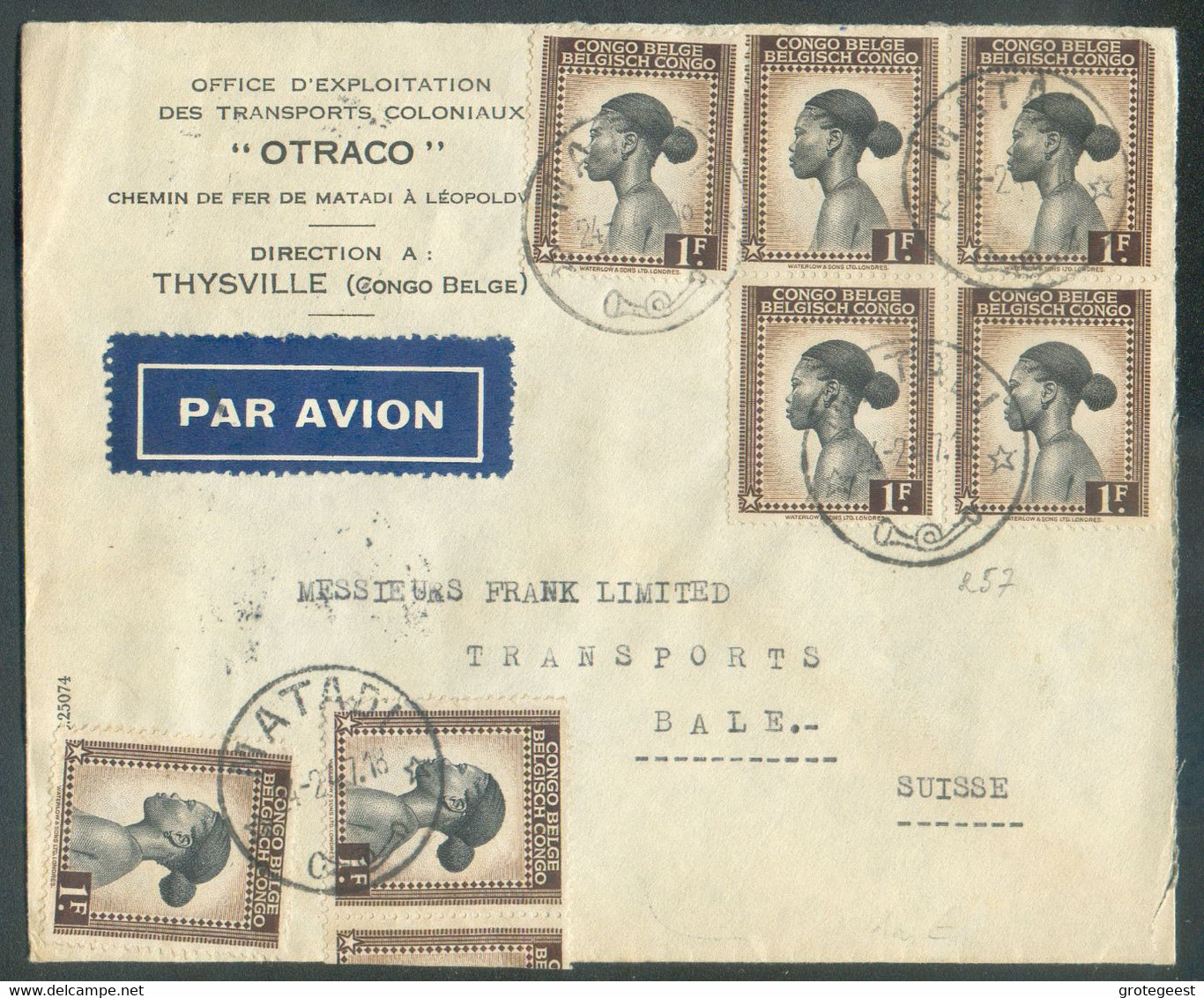 N°257(8 (1ex. Plié Au Verso) Obl. MATADI Sur Lettre Par Avion Du 24/2/1947 Vers Bâle (CH).  TB  - 17562 - Covers & Documents