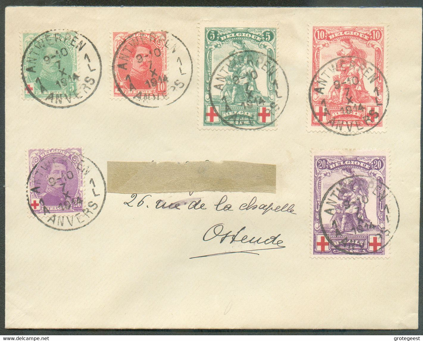 N°126/131 - Série Albert Croix-Rouge Et MERODE Obl. Sc ANTWERPEN 1 Sur Lettre Du 7-X-1914 Vers Ostende  TB   - 17566 - 1914-1915 Croix-Rouge