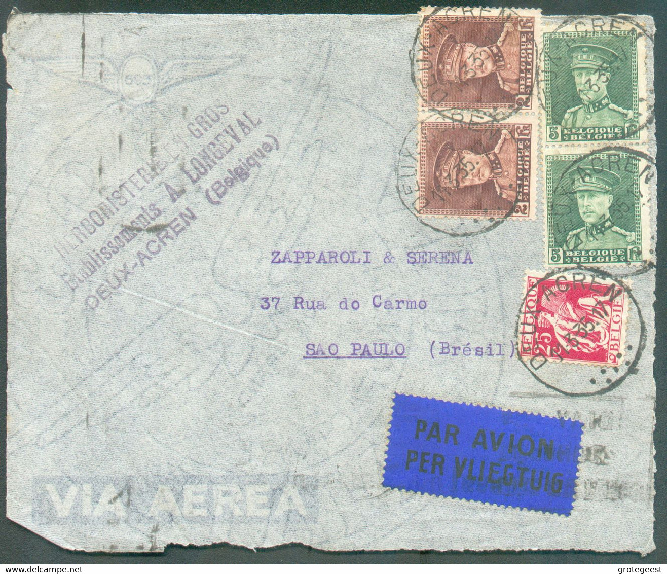 DL. Affr. KEPI - CERES à 14Fr.25 Obl. Sc DEUX-ACREN + Etiq. Par Avion Du 11-3-1935 Vers Sao Paulo (Brésil)  TB   - 17570 - 1931-1934 Quepis