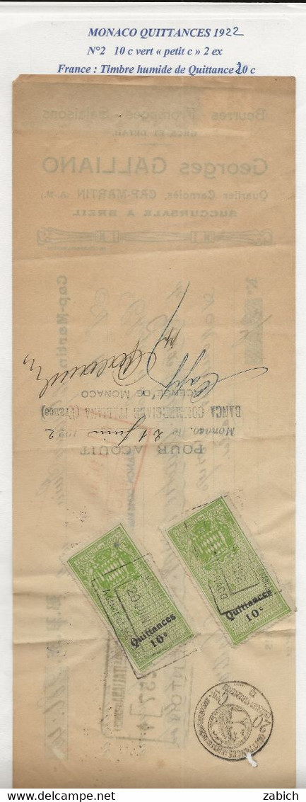 TIMBRES FISCAUX DE MONACO QUITTANCE N°2  10 C VERT 2 Ex SUR CHEQUE  DE FRANCE DE 1922 - Steuermarken