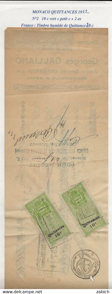 TIMBRES FISCAUX DE MONACO QUITTANCE N°2  10 C VERT 2 Ex SUR CHEQUE  DE FRANCE DE 1922 - Fiscale Zegels