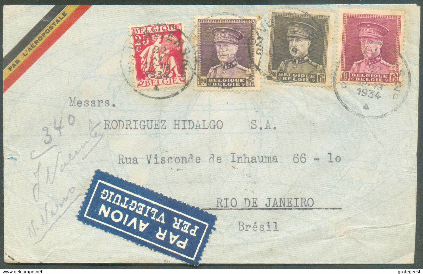 Affr; KEPI - CERES à 14Fr.25 Obl. Sc VERVIERS 2 Sur Lettre  Par Avion Du 22-XI-1934 Vers RIO De JANEIRO (Brésil)  TB   - - 1931-1934 Képi