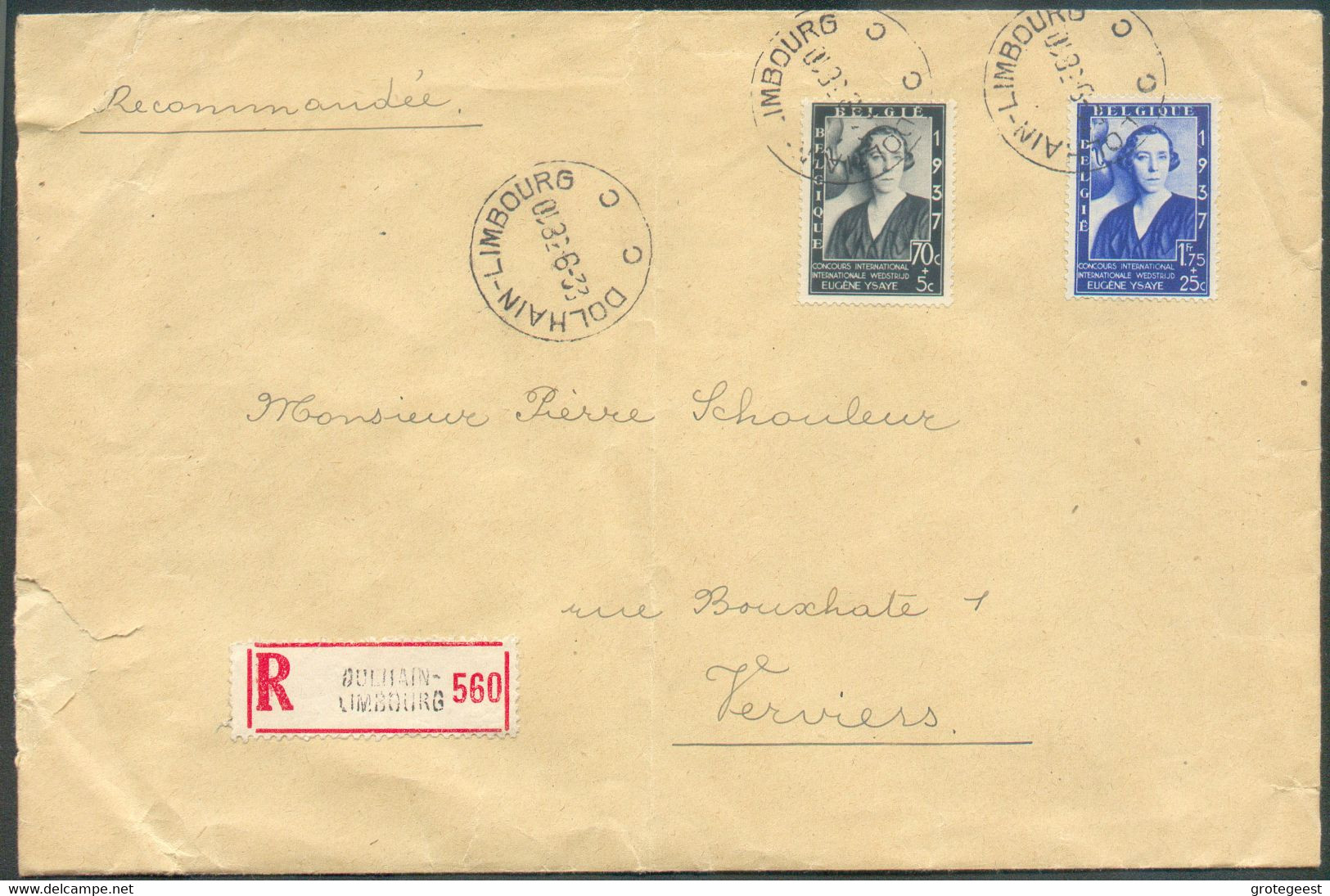 Série REINE ELISABETH Concours Musical YSAYE Obl. Sc DOLHAIN-LIMBOURG Sur Lettre Recommandée Du 22-9-1938 Vers Verviers. - Cartas & Documentos