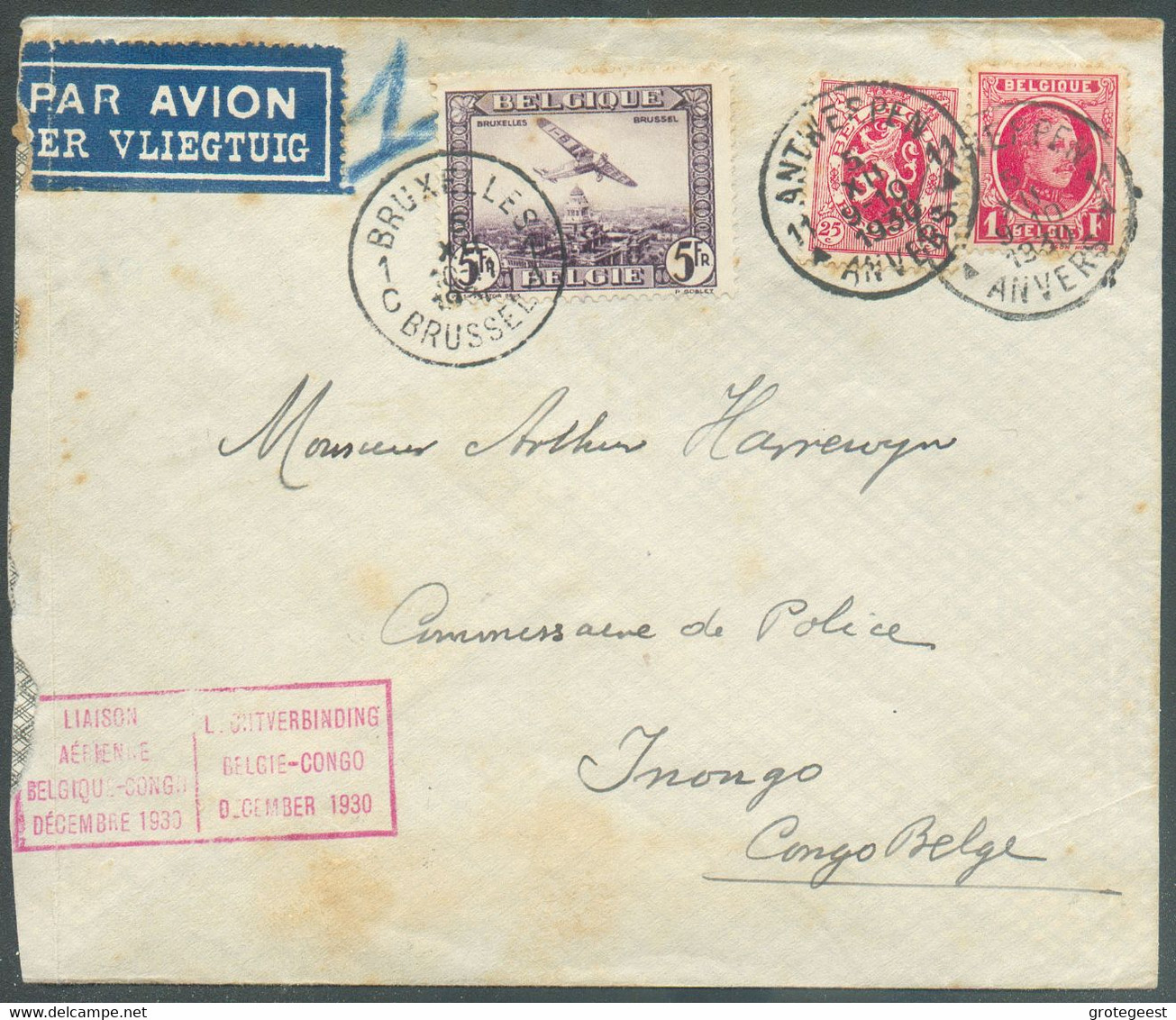 Enveloppe Par Avion ANTWERPEN 1 Du 5-XII-1930 Vers Inongo (Congo Belge) + Griffe LIAISON AERIENNE BELGIQUE-CONGO DECEMBR - Otros & Sin Clasificación