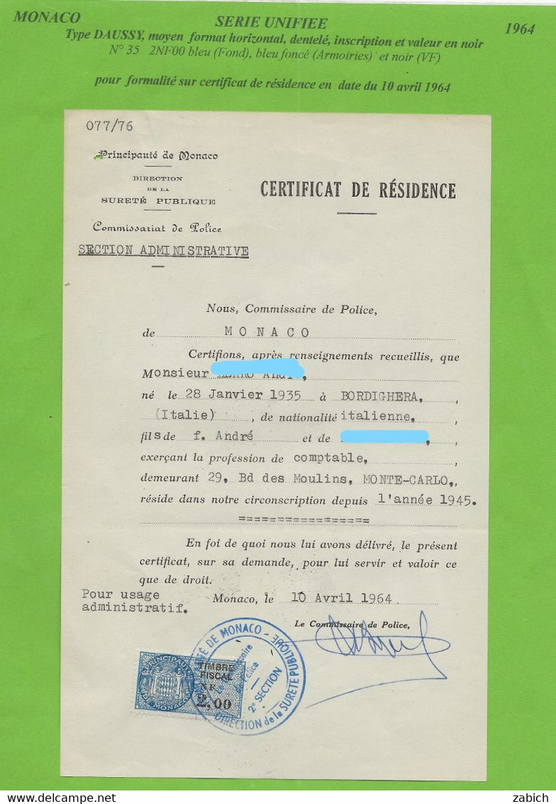 FISCAUX DE MONACO SERIE UNIFIEE  De 1960 N°35  2 NF BLEU 10 Avril 1964 - Revenue