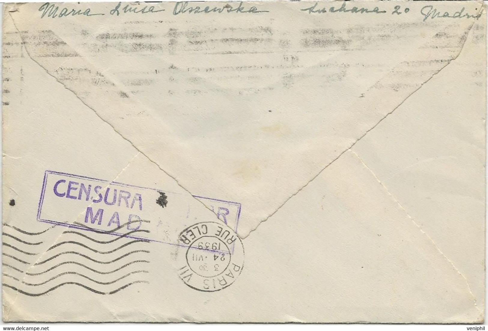 ESPAGNE - LETTRE AFFRANCHIE N° 581 +N° 582 X2 -  ANNEE 1939 -AVEC OBLITERATION CENSURE AU DOS - Marques De Censures Républicaines