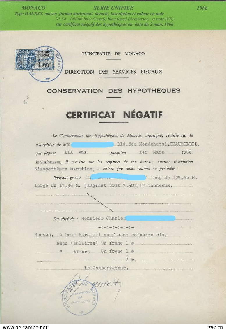 FISCAUX DE MONACO SERIE UNIFIEE  De 1960 N°34 1 NF BLEU  2 Mars 1966 - Fiscale Zegels