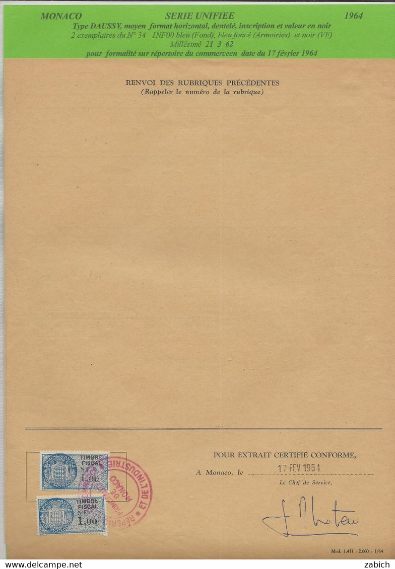 FISCAUX DE MONACO SERIE UNIFIEE  De 1960 N°34 1 NF BLEU  2 Exemplaires 17 Février 1964 - Fiscale Zegels