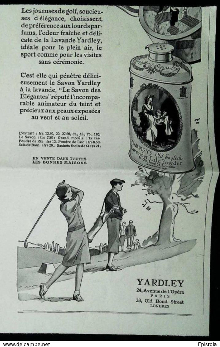 ► Publicité YARDLEY Talc Pour Joueuse  De Golf  1933 - Coupure De Presse Ancienne (Encadré Photo) - Apparel, Souvenirs & Other