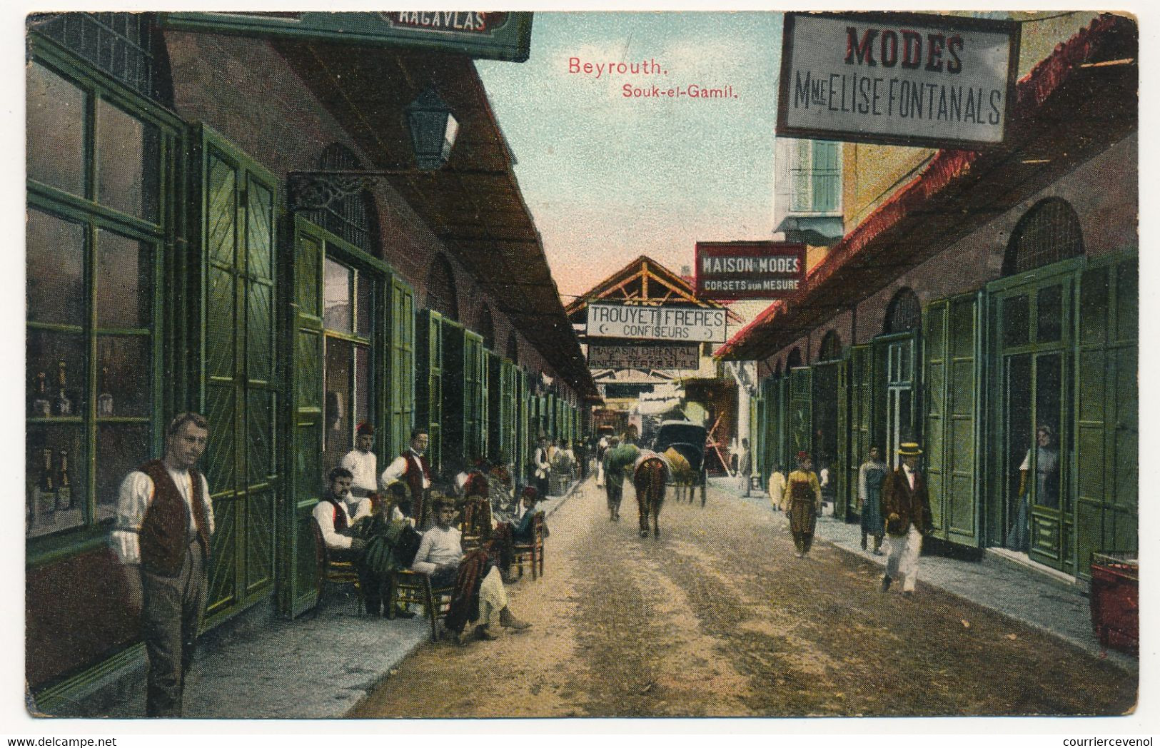 CPA - LIBAN - BEYROUTH - SOUK-EL-GAMIL - Modes MME Elise FONTANALS - TROUYET CONFISEUR - Carte Colorisée - Líbano