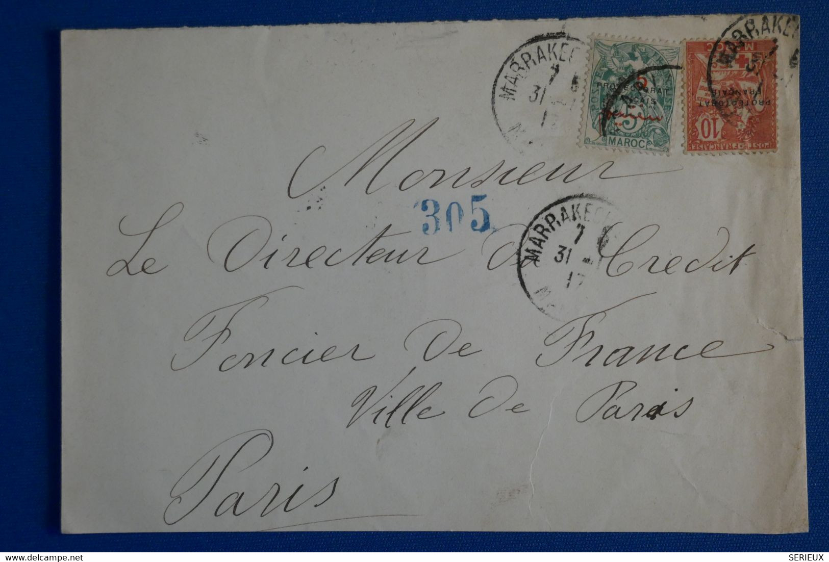 M18 MAROC BELLE LETTRE DEVANT 1917 MARRAKESH POUR PARIS+ AFFRANCHISSEMENT INTERESSANT - Briefe U. Dokumente