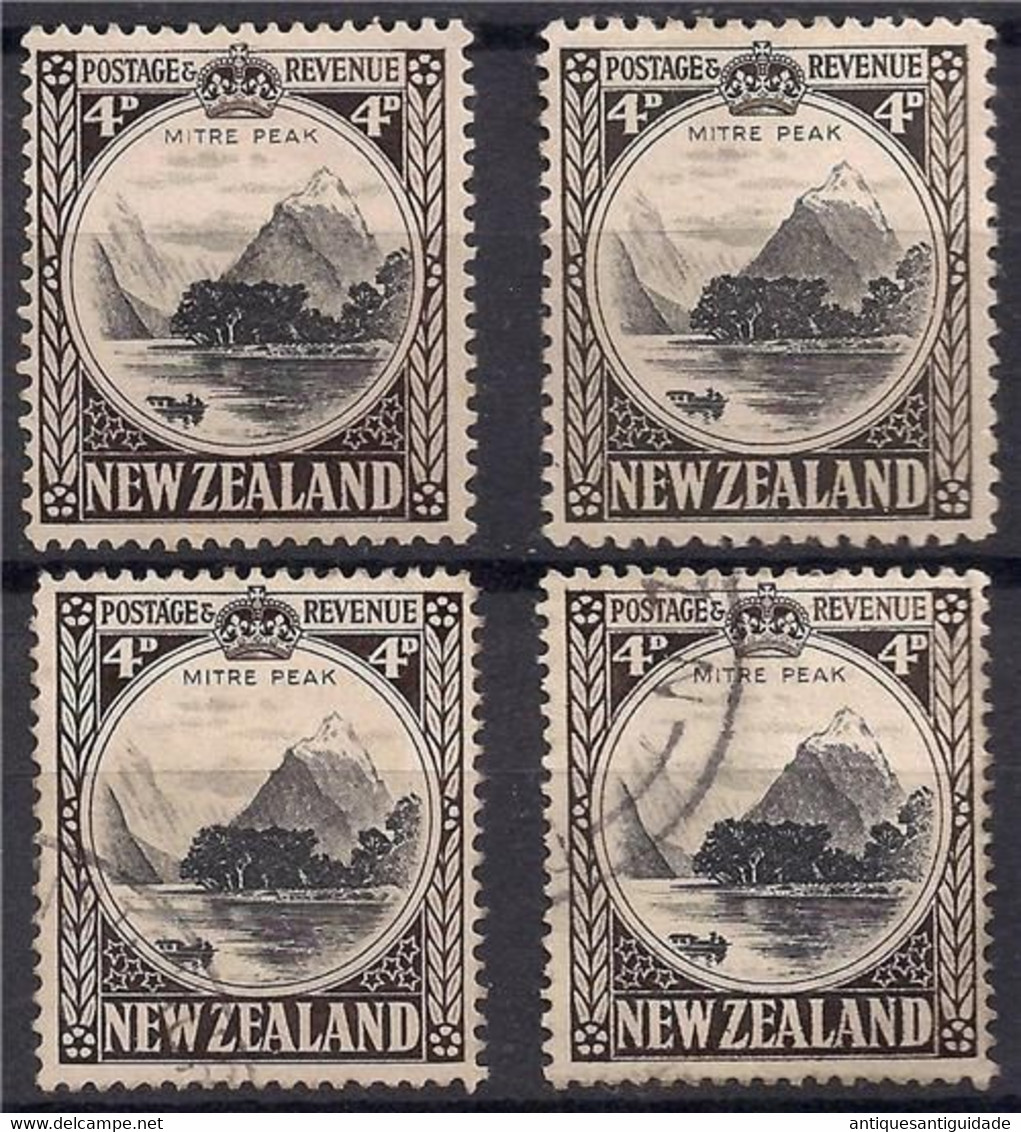 4x New Zealand 1936/42  SG #583,a,b,c  4d - Mitre Peak MLH & Used Diferent Perfs - Oblitérés