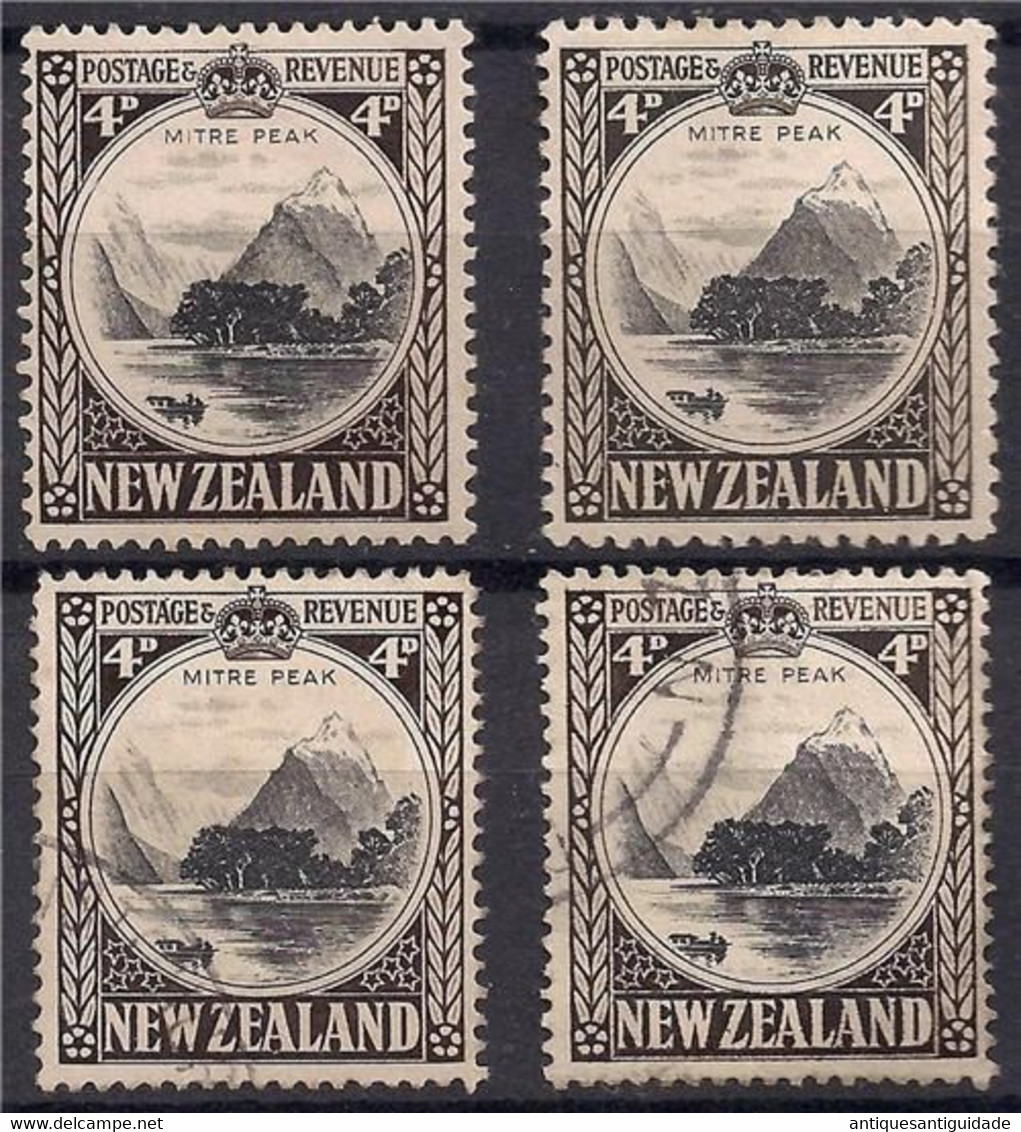 4x New Zealand 1936/42  SG #583,a,b,c  4d - Mitre Peak MLH & Used Diferent Perfs - Usati