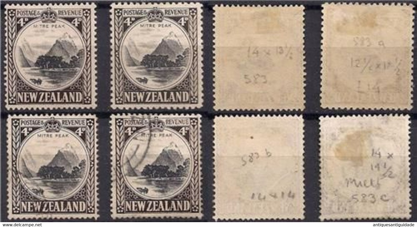 4x New Zealand 1936/42  SG #583,a,b,c  4d - Mitre Peak MLH & Used Diferent Perfs - Usati