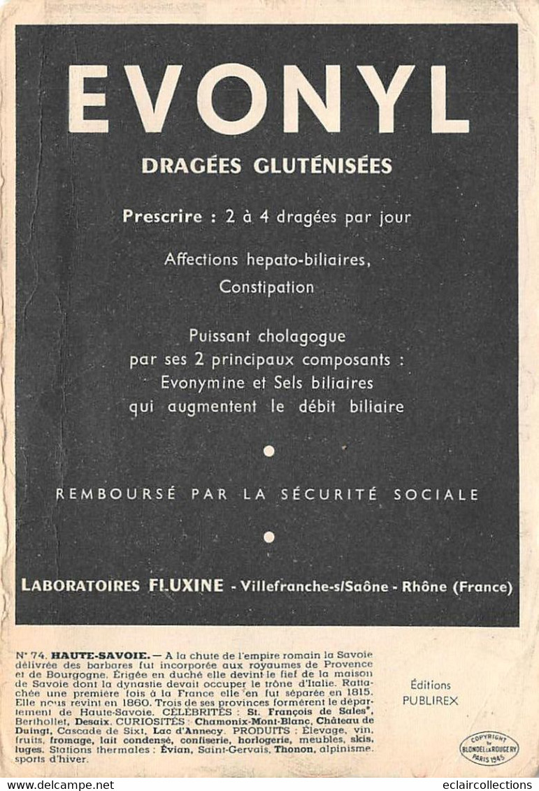 Divers         74        Carte Géographique Du Département    Publicité  Evonyl Au Dos             (voir Scan) - Andere & Zonder Classificatie