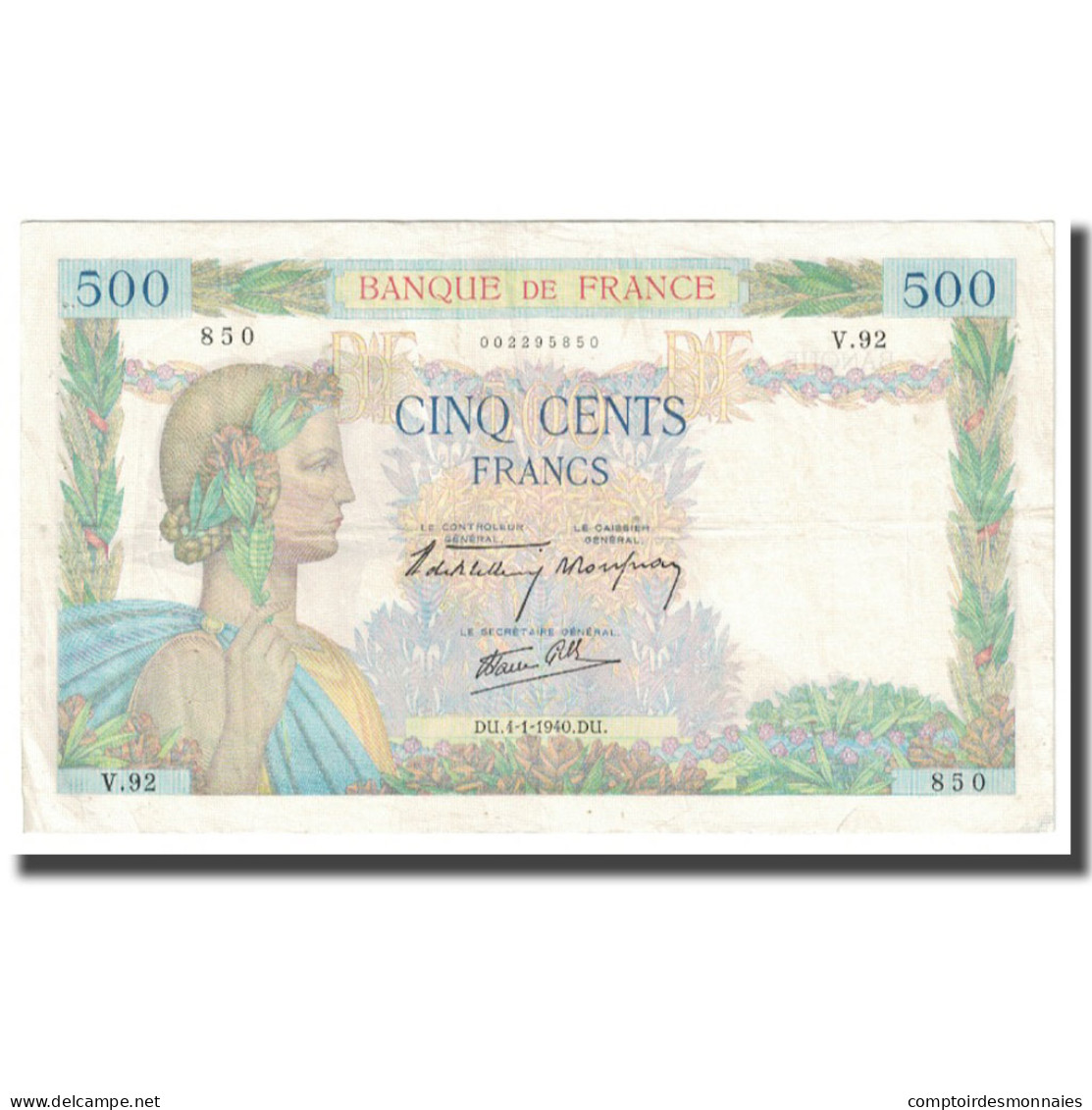 France, 500 Francs, La Paix, 1940, P. Rousseau And R. Favre-Gilly, 1940-01-04 - 500 F 1940-1944 ''La Paix''