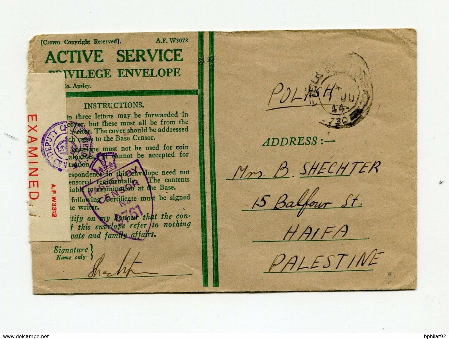 !!! PALESTINE, LETTRE EN FRANCHISE MILITAIRE POUR HAIFA DE 1944 CENSURE ANGLAISE - Palestine