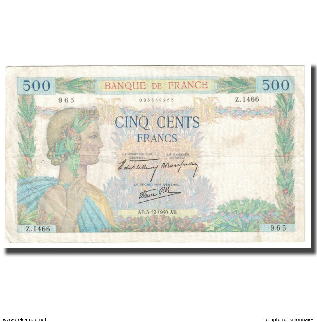 France, 500 Francs, La Paix, 1940, P. Rousseau And R. Favre-Gilly, 1940-12-05 - 500 F 1940-1944 ''La Paix''