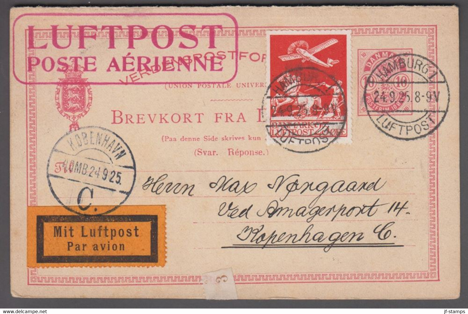 1925. DANMARK. Air Mail 25 øre On 10 ØRE BREVKORT FRA DANMARK Small Figures Replycard... (Michel 145) - JF416440 - Airmail