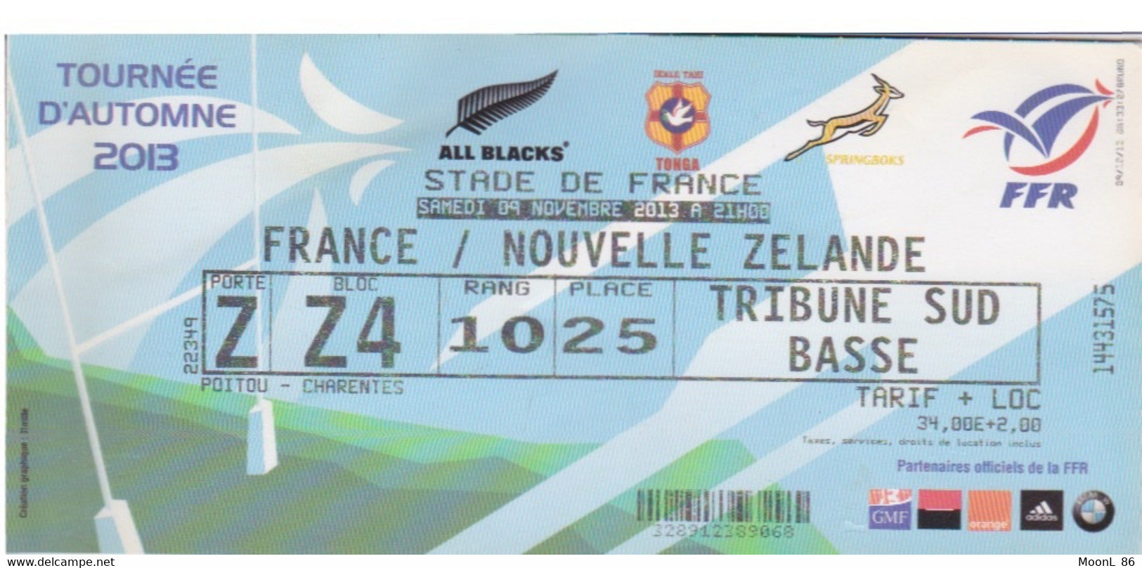 Billet Match RUGBY - STADE DE FRANCE - FRANCE NOUVELLE ZELANDE  2013 - ALL BLACKS  TONGA SPRINGBOKS TOURNEE AUTOMNE - Rugby