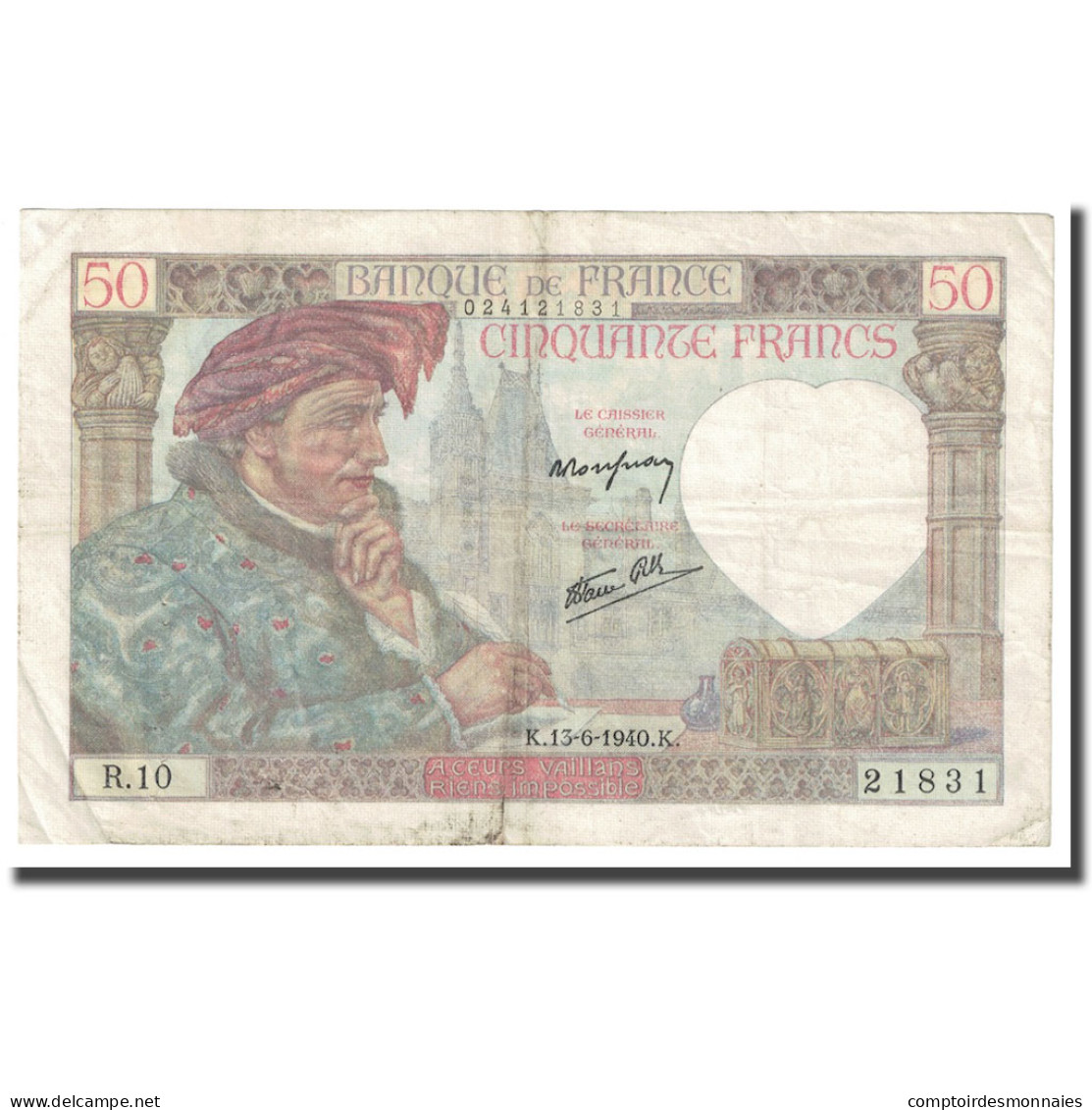 France, 50 Francs, Jacques Coeur, 1940, 1940-06-13, TB+, Fayette:19.1, KM:93 - 50 F 1940-1942 ''Jacques Coeur''