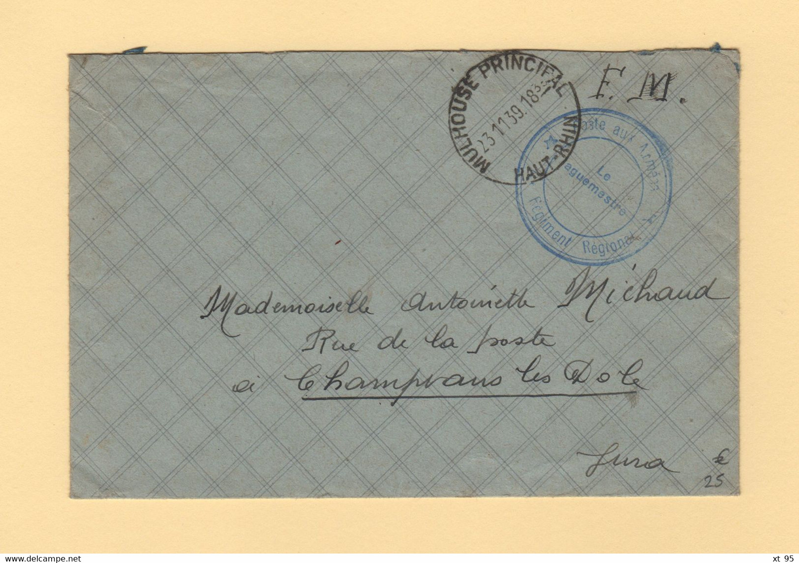 Poste Aux Armees - 4e Regiment Regional - 23-11-1939 - FM - Mulhouse Principal - Haut Rhin - Oorlog 1939-45