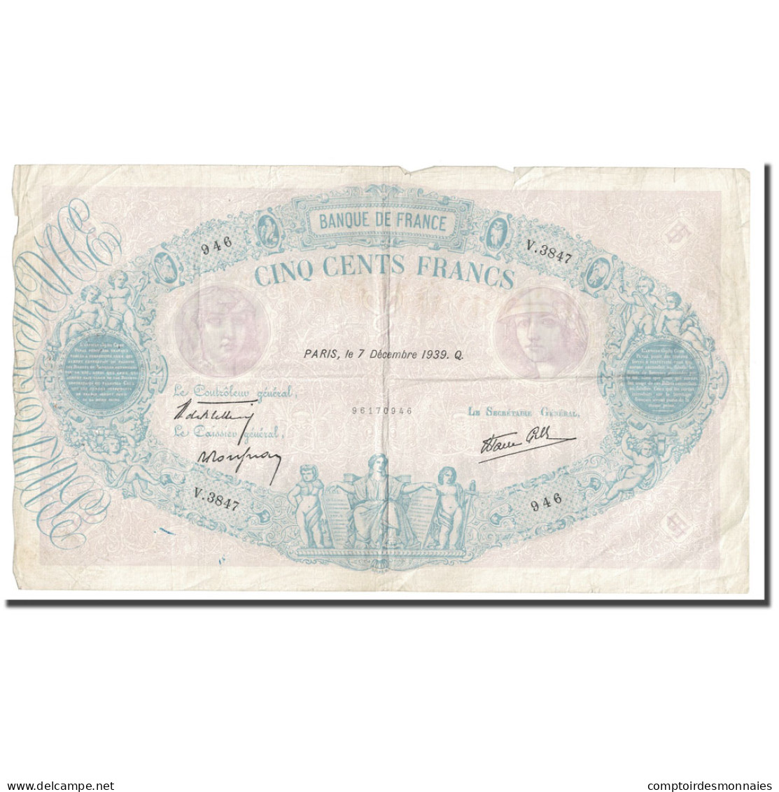 France, 500 Francs, Bleu Et Rose, 1939, 1939-12-07, TB+, Fayette:31.17, KM:88c - 500 F 1888-1940 ''Bleu Et Rose''