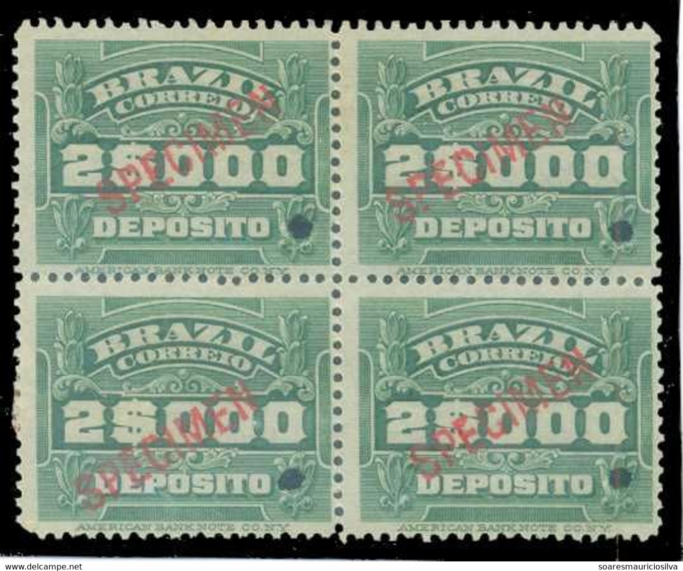 Brazil 1913 Stamp RHM-D-5 2,000 Réis Block Of 4 Hole And Overprint Specimen Unused - Neufs