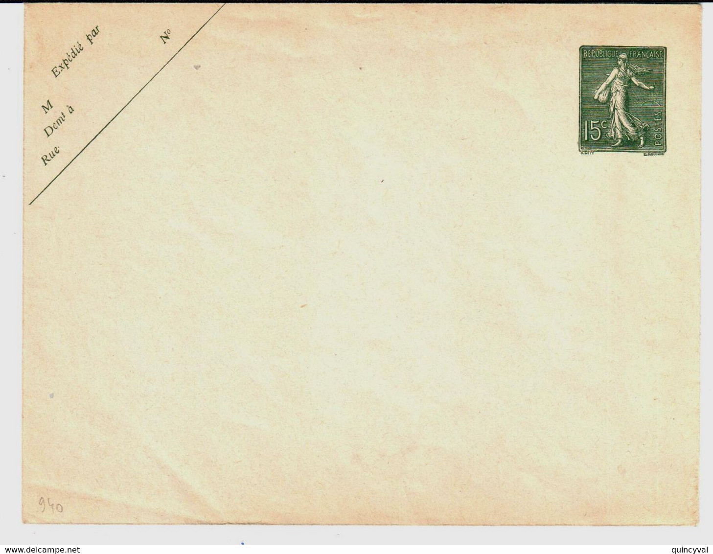 Enveloppe Entier Postal 15c Semeuse Lignée Vert Date 940 Yv 130-E9 Storch B19a Format 147x112 - Enveloppes Types Et TSC (avant 1995)