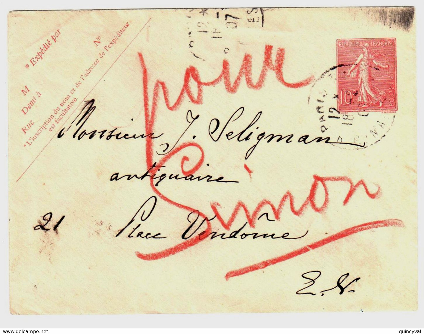 PARIS Enveloppe Entier Postal 10c Semeuse Lignée Rose Sur Blanc Date 534 Yv 129-E1 Storch A10 Format 123x96 Ob 1907 - Standard- Und TSC-Briefe (vor 1995)