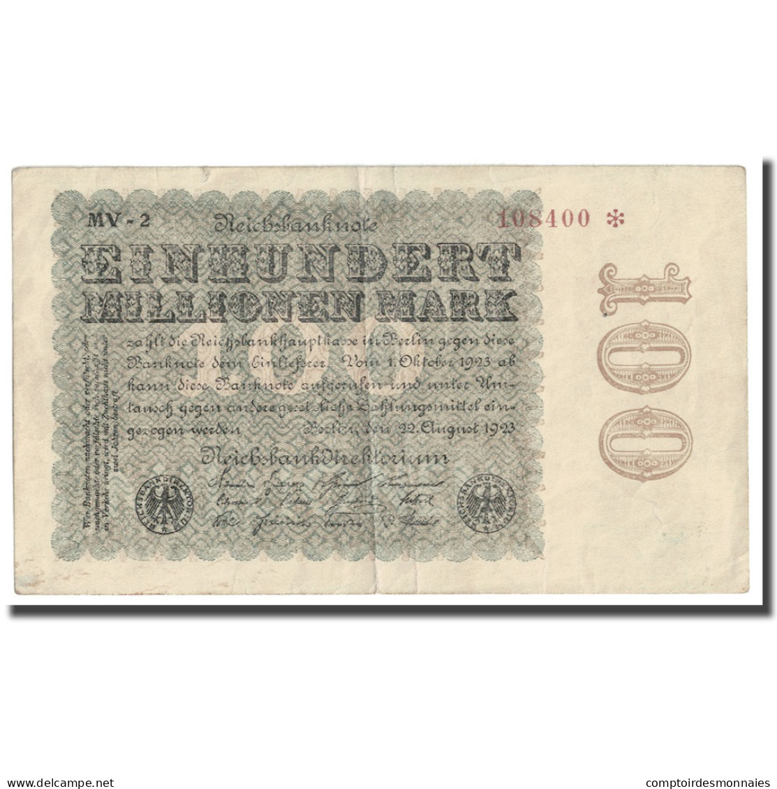 Billet, Allemagne, 100 Millionen Mark, 1923, 1923-08-22, KM:107a, TTB+ - 100 Miljoen Mark