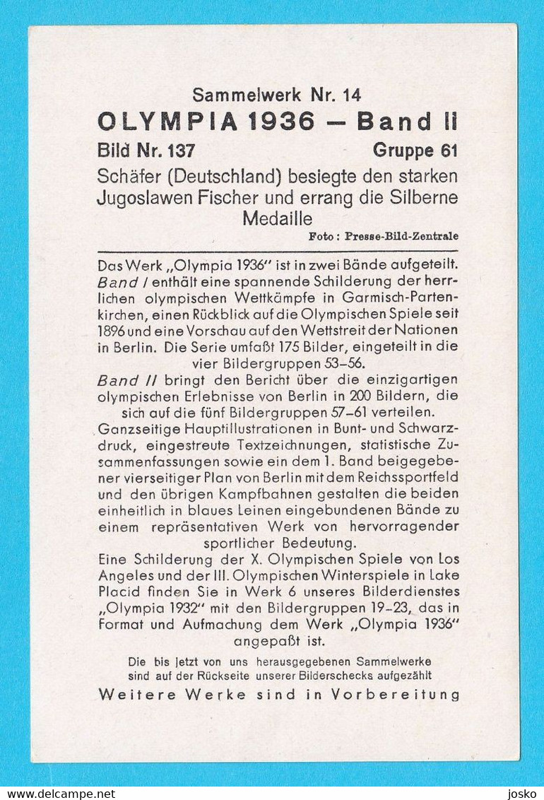 WRESTLING - SCHAFER - Olympic Games 1936 Berlin - Silver Medal * German Old Card * Lutte Ringen Lotta Lucha Luta Livre - Trading-Karten