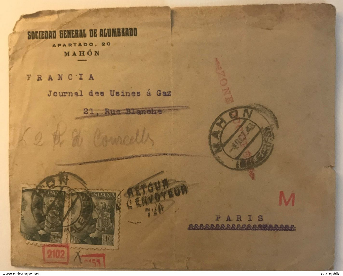 Rare Letter From Mahon To Paris (zone Occupée) With Doble Censura Militar Correos Menorca & Wehrmacht Germany 1943 WW2 - Marques De Censures Nationalistes