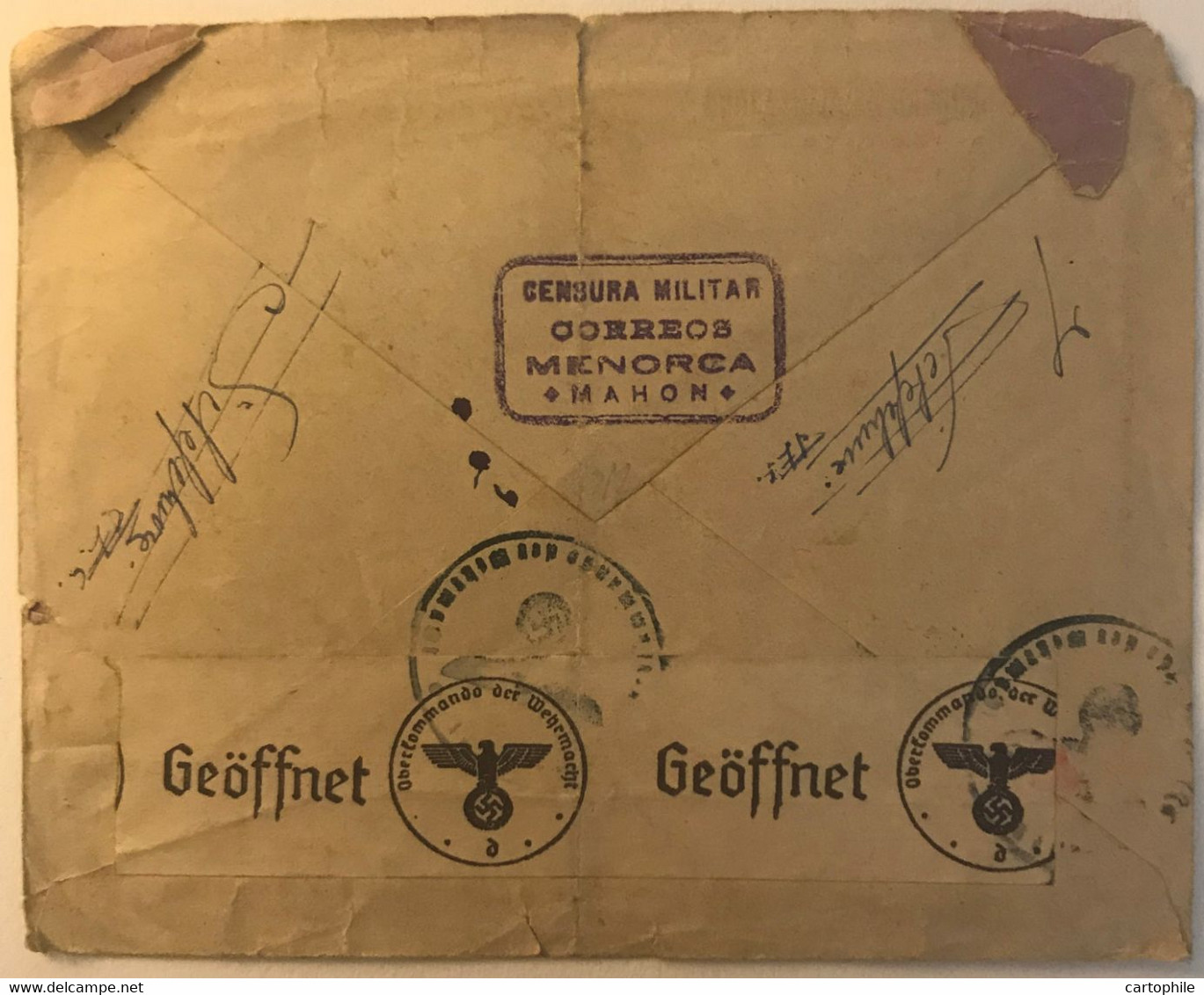 Rare Letter From Mahon To Paris (zone Occupée) With Doble Censura Militar Correos Menorca & Wehrmacht Germany 1943 WW2 - Nationalists Censor Marks