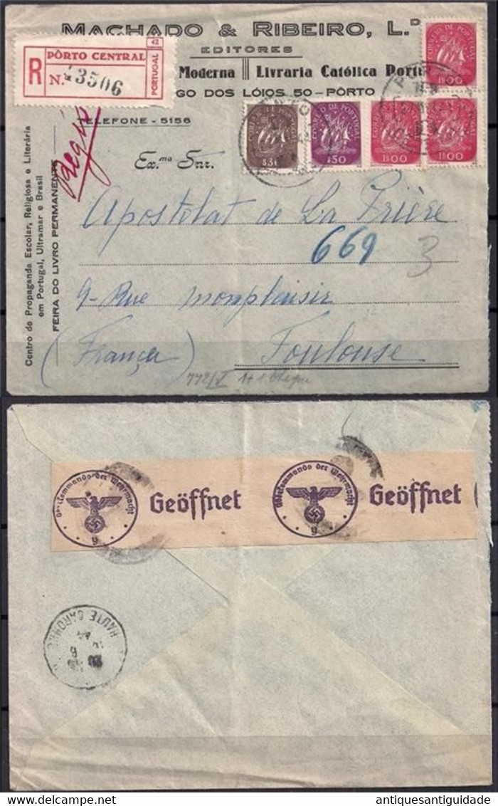 PORTUGAL TO OCCUPIED FRANCE WW2 1944 WITH SWASTIKA CENSORED STAMPS - Andere & Zonder Classificatie