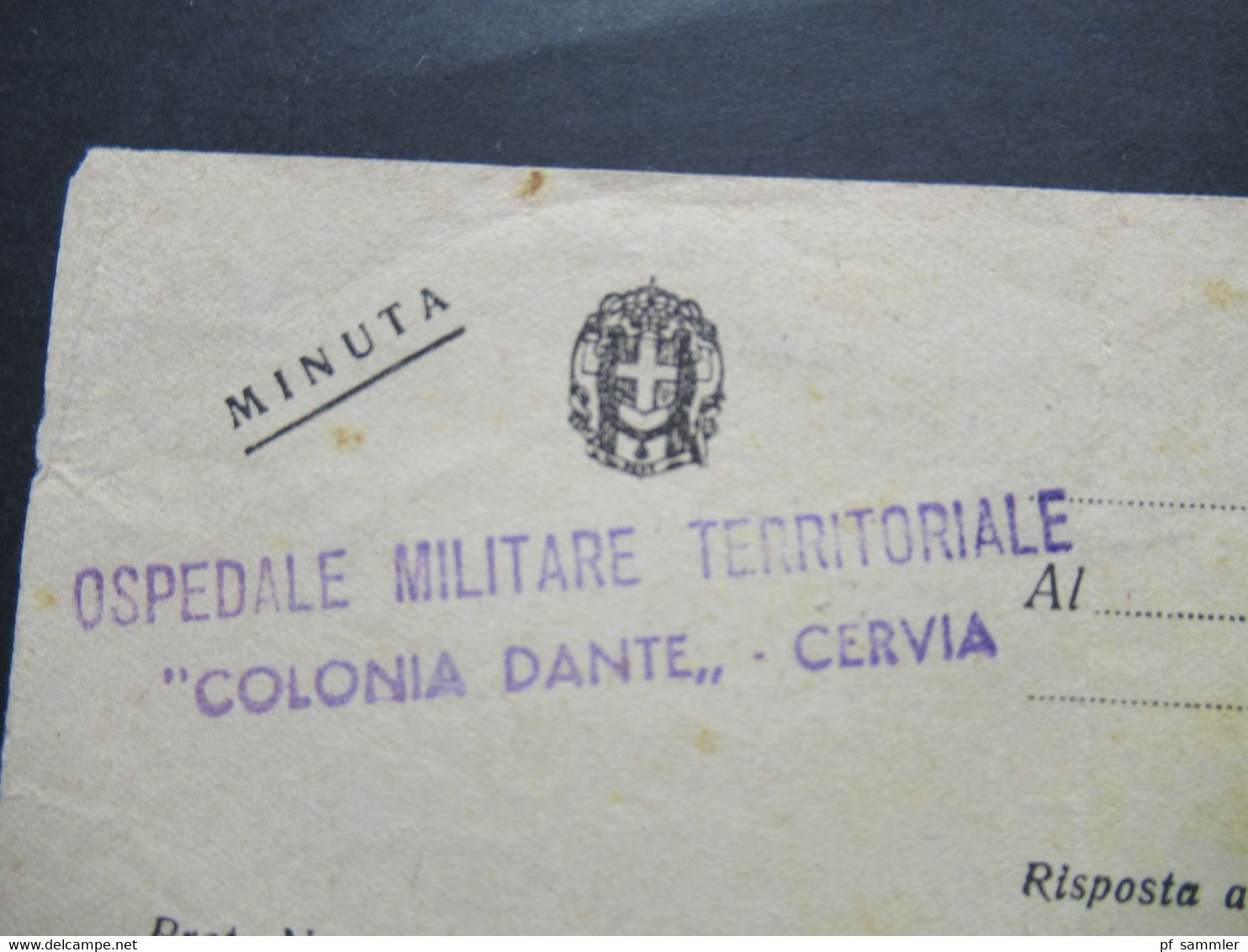 Italien / Kroatien 1943 Militär Krankenhaus Ospendale Militare Territoriale Colonia Dante Cervia Dokument / Formular