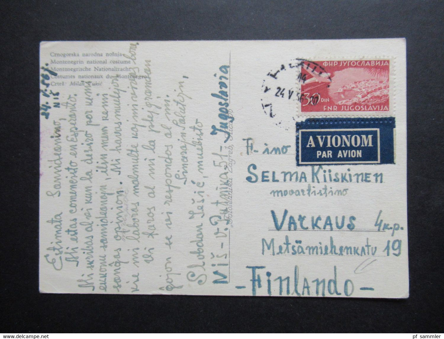 Jugoslawien 1956 Freimarken Flugzeuge über Landschaften Nr.650  AK Montenegrische Nationaltracht Nach Finnland Gesendet - Briefe U. Dokumente