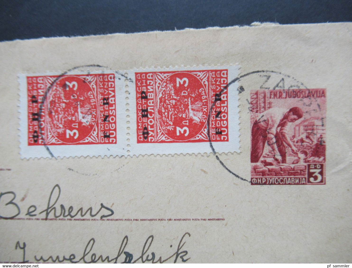 Jugoslawien 1949 Ganzsachen Umschlag Wst. Bauarbeiter Mit 2 Zusatzfrankaturen Nr. 593 Freimarken Mit Aufdruck FNR - Storia Postale