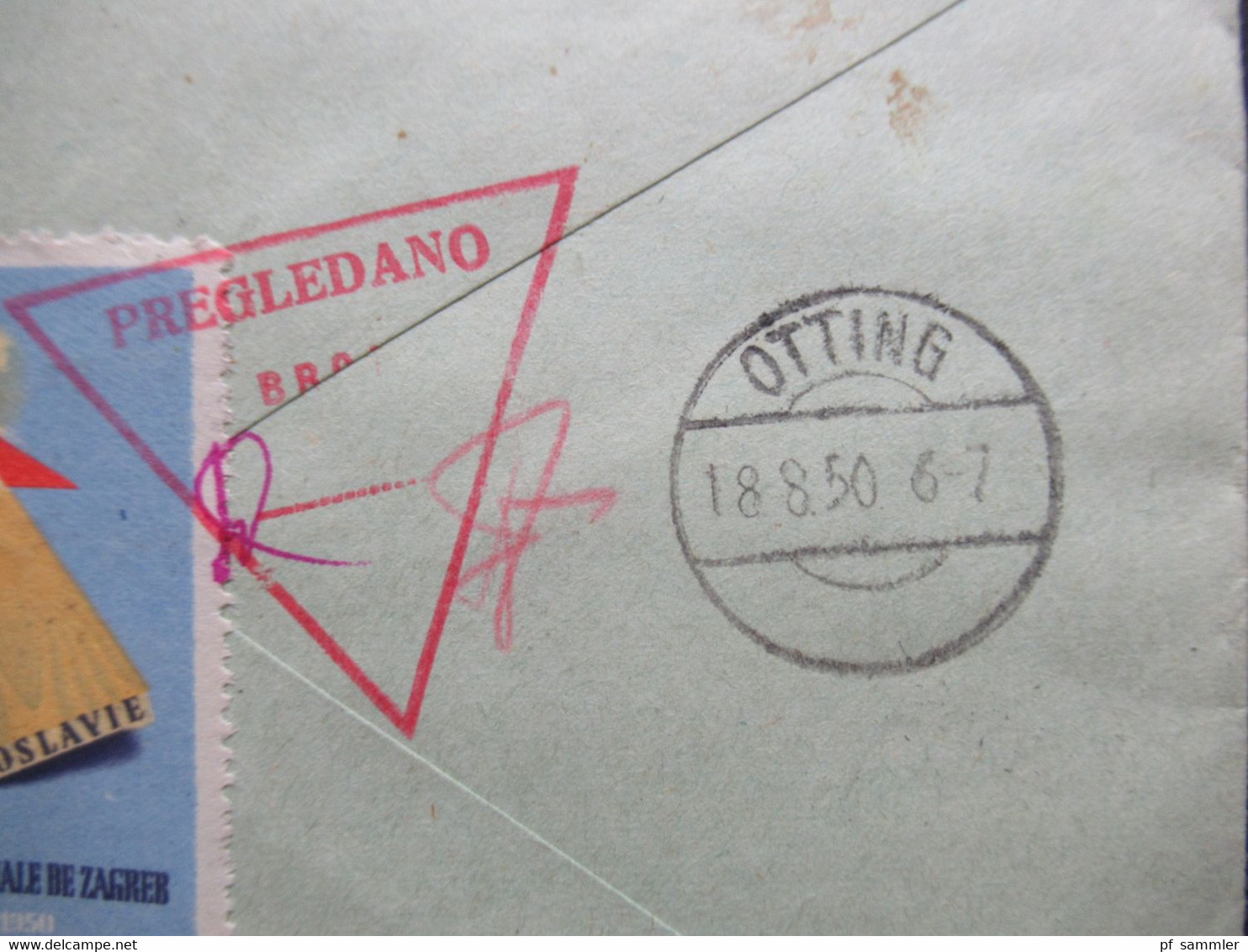 Jugoslawien 1950 Zensurbeleg roter Dreieckstp. Pregledano Einschreiben Beograd MiF 100 Jahre Eisenbahn Nr. 583/585