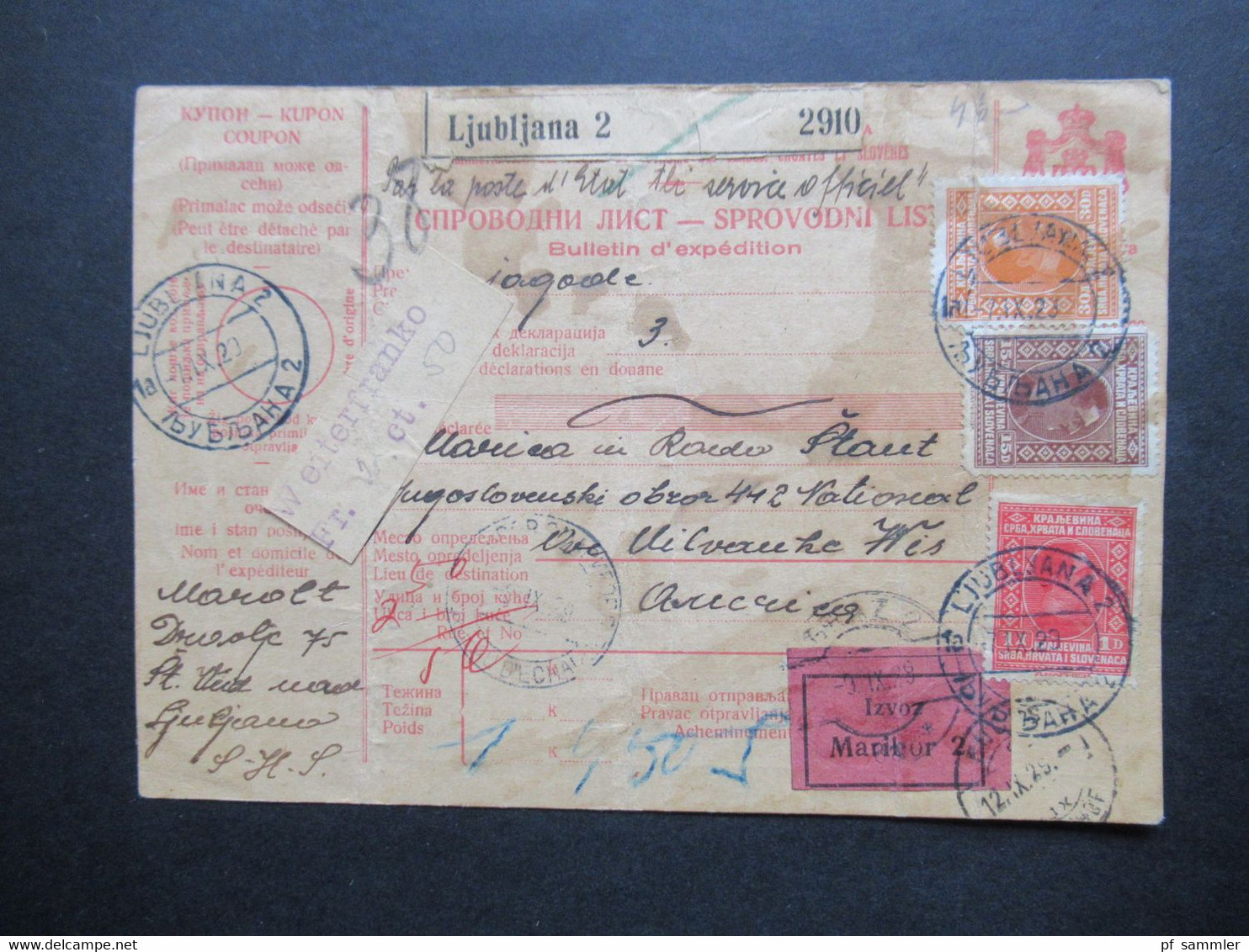 Jugoslawien SHS 1923 Paketkarte / Parcel Card Ljubljana 2 Klebezettel Izvoz Maribor Unn Weiterfranko Fr.2 Ct.50 Nachport - Storia Postale