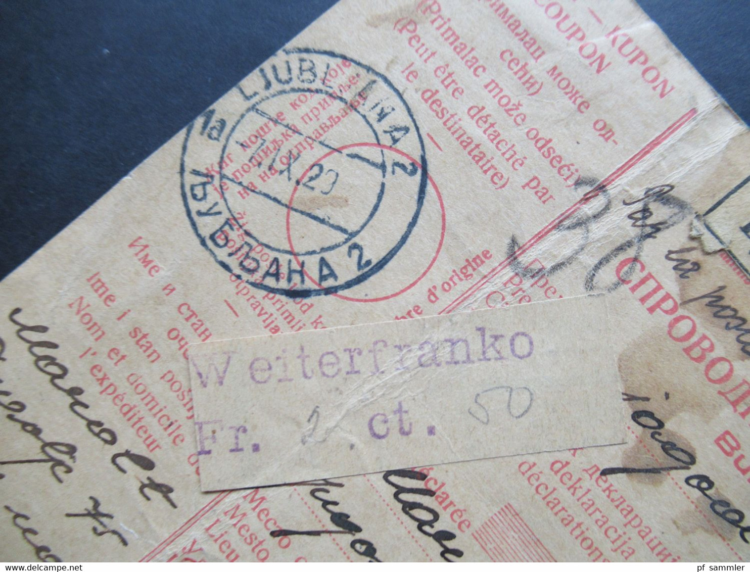 Jugoslawien SHS 1923 Paketkarte / Parcel Card Ljubljana 2 Klebezettel Izvoz Maribor Unn Weiterfranko Fr.2 Ct.50 Nachport - Storia Postale