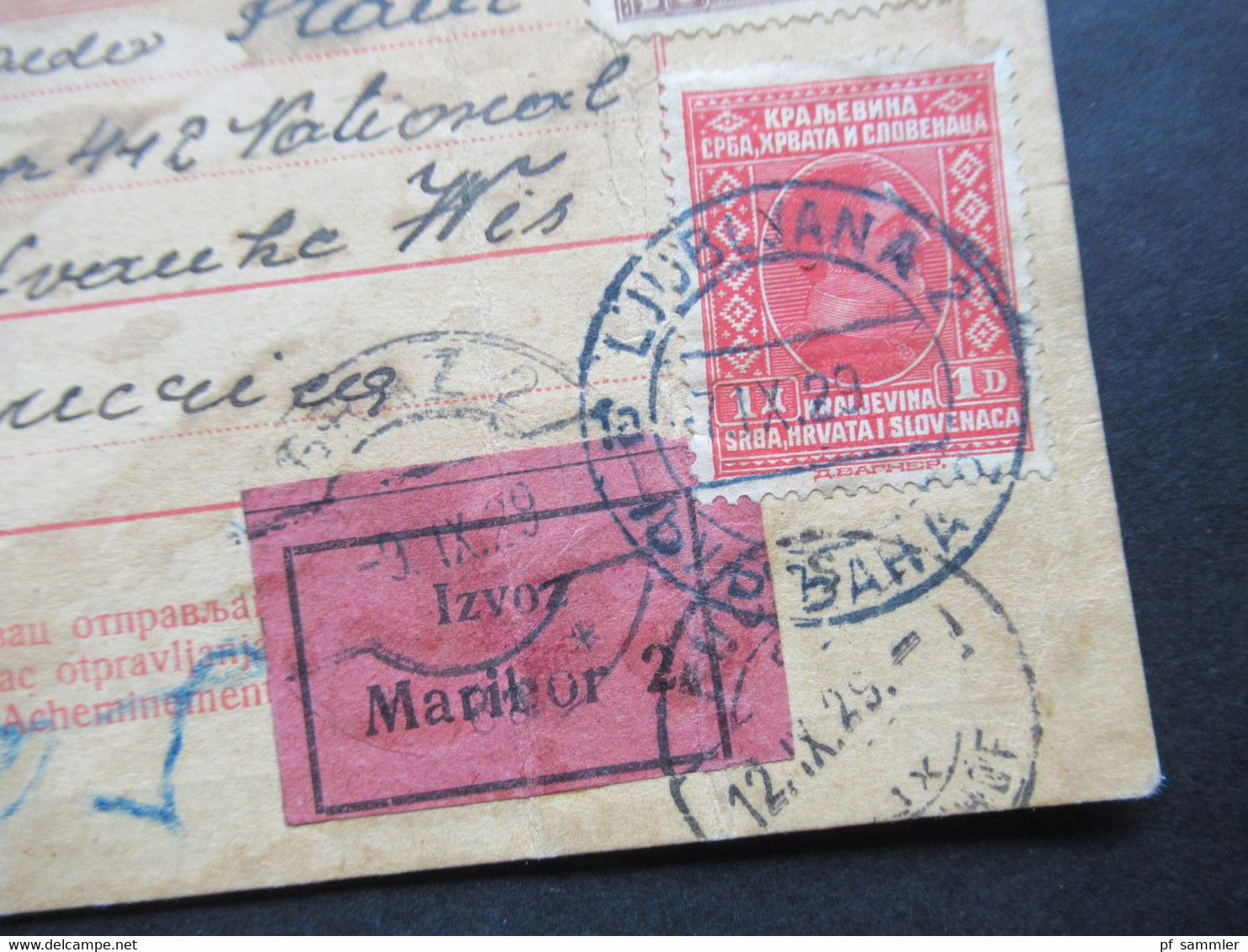Jugoslawien SHS 1923 Paketkarte / Parcel Card Ljubljana 2 Klebezettel Izvoz Maribor Unn Weiterfranko Fr.2 Ct.50 Nachport - Covers & Documents