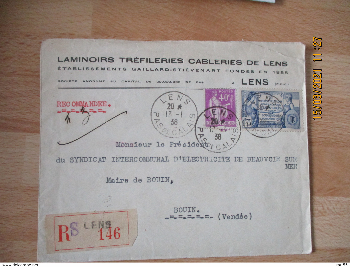 Timbre 1 F 75  Constitution Des Etats Unis  Sur Lettre Commerciale Laminoirs Lens - 1921-1960: Période Moderne