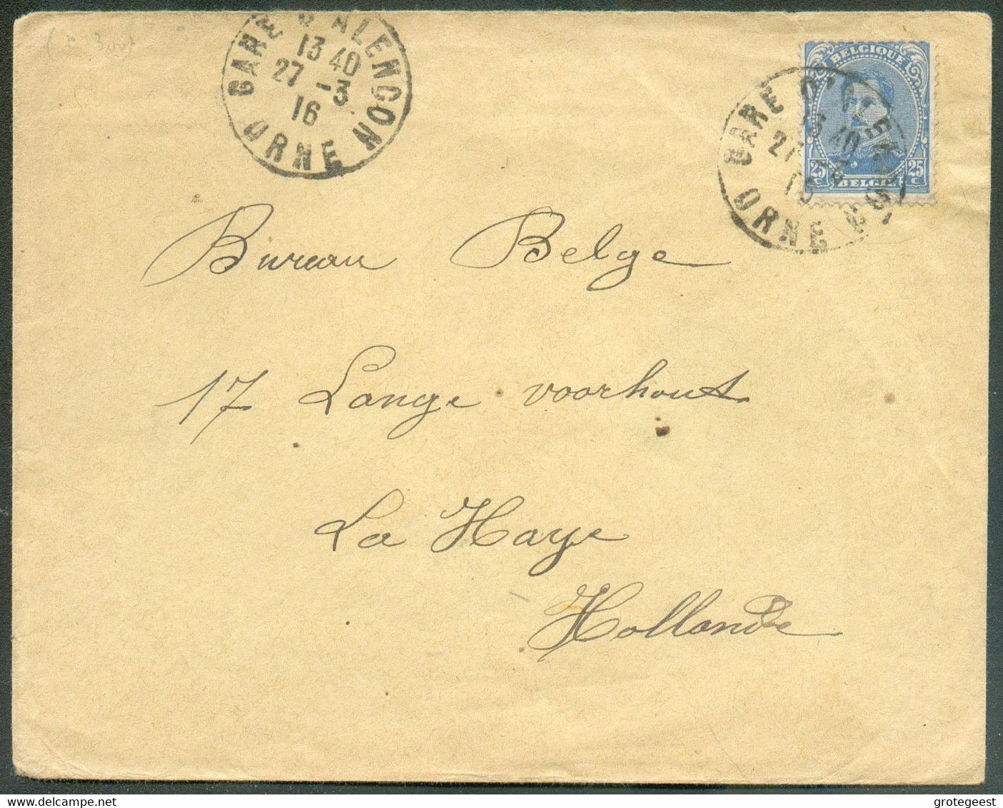 N°141 - 25 Centimes Bleu, Obl. Française De GARE D'ALENCON ORNE Sur Lettre Du 27-3-1916 Vers BUREAU BELGE à LA HAYE (Pay - Autres & Non Classés