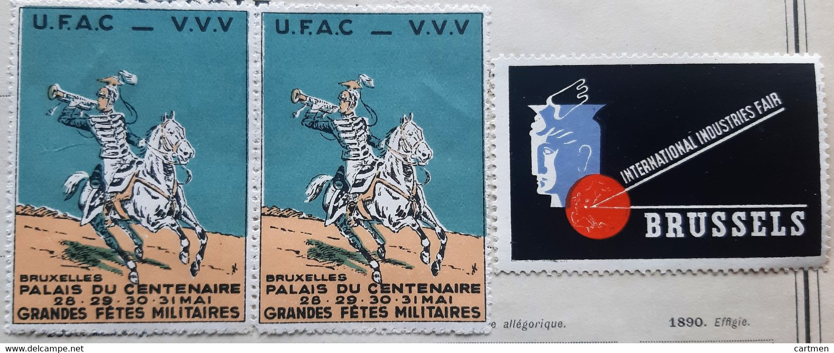 BELGIQUE BRUXELLES GRANDES FETES MILITAIRES TIMBRES PHILATELIE 3 VIGNETTES  COMMEMORATIVES PALAIS DU CENTENAIRE - Vignettes De Fantaisie