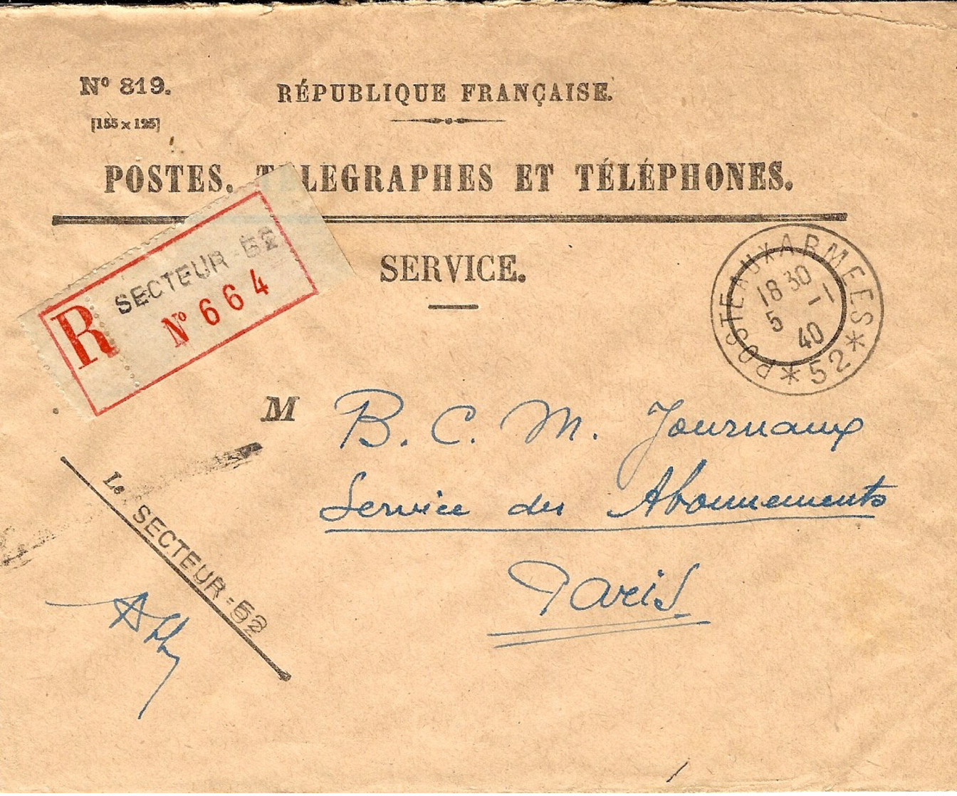 WWII - Enveloppe. RECC. Du Secteur Postal   52 (  9 ème Division D'Infanterie ) - Guerra De 1939-45