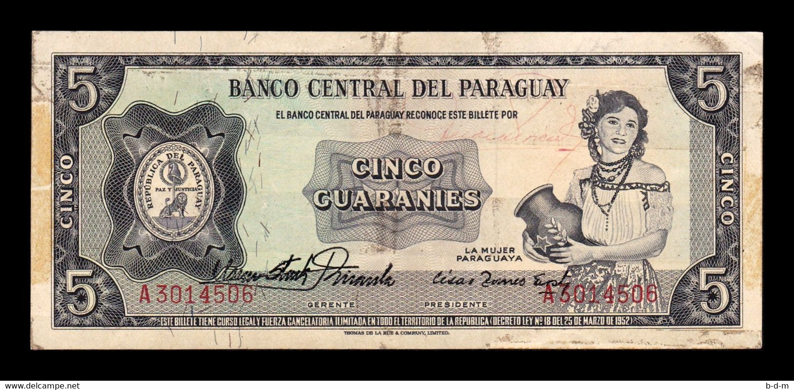 Paraguay 5 Guaraníes L.1952 (1963) Pick 195a(1) Rare Sign MBC- AVF - Paraguay