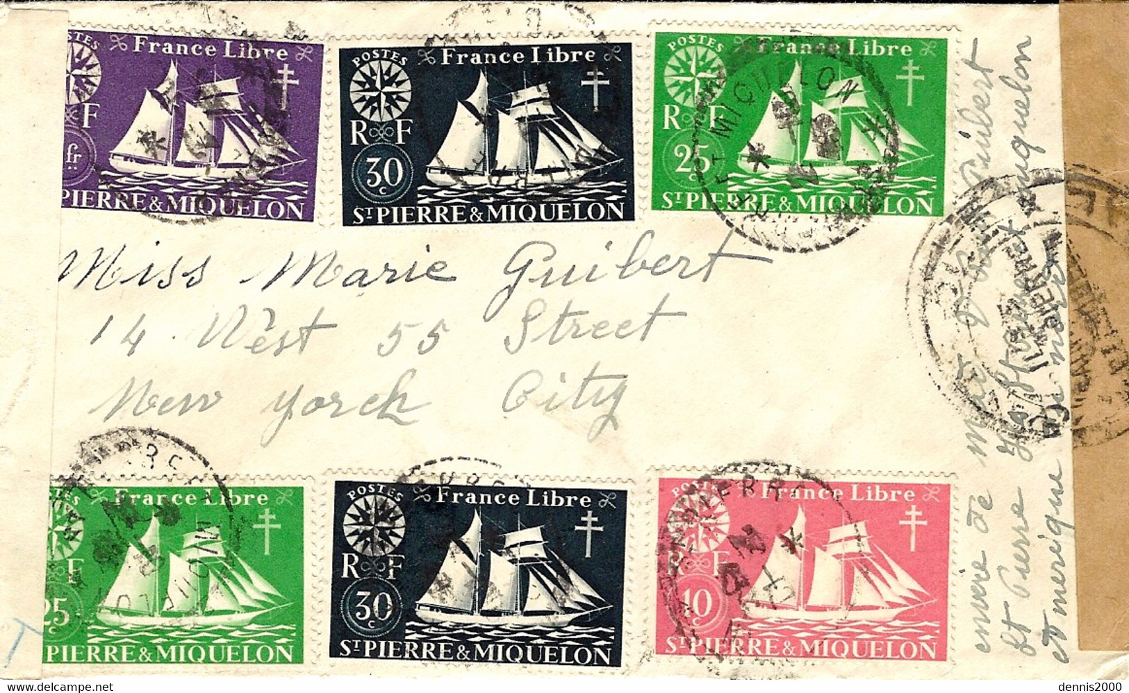 1943- Enveloppe De St Pierre Et Miquelon  Affr. France Libre à 2,50 F. Pour New York -censures Française Et Américaine - Cartas & Documentos